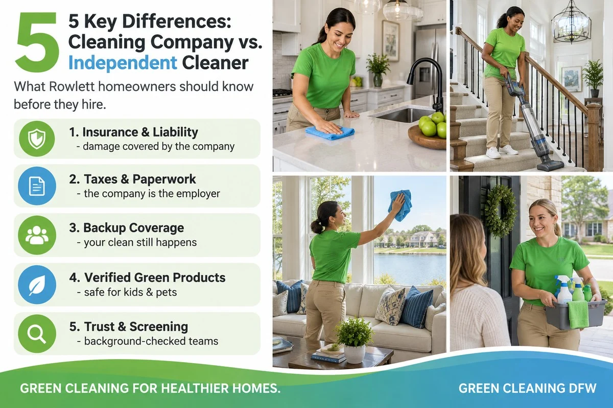 Infographic comparing a cleaning company vs an independent cleaner for Rowlett TX homes, with Green Cleaning DFW cleaners in green shirts