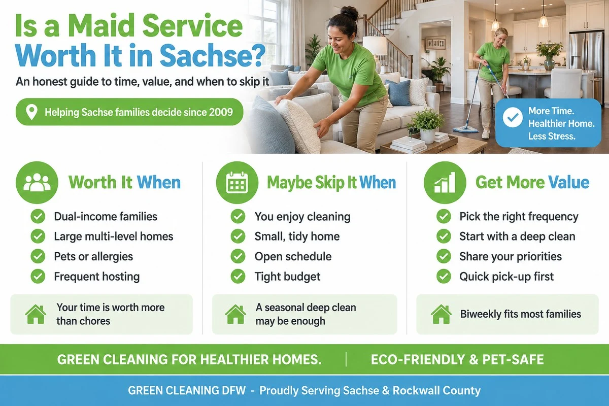 Three-column infographic on whether a maid service is worth it in Sachse TX, with Green Cleaning DFW cleaners at work